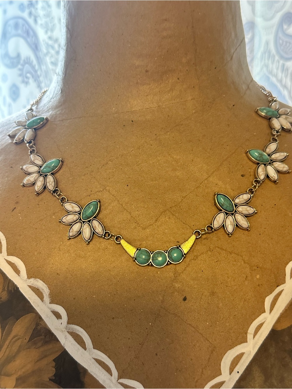 Turquoise & White Floral Accent Necklace with Gold-Tone Details